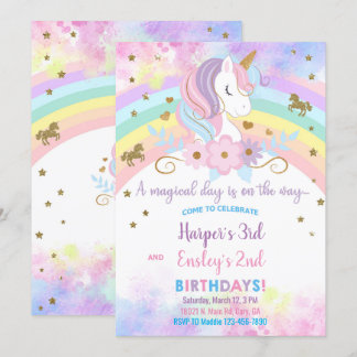 Einhorn & Regenbogen Geschwister Geburtstagseinlad Einladung