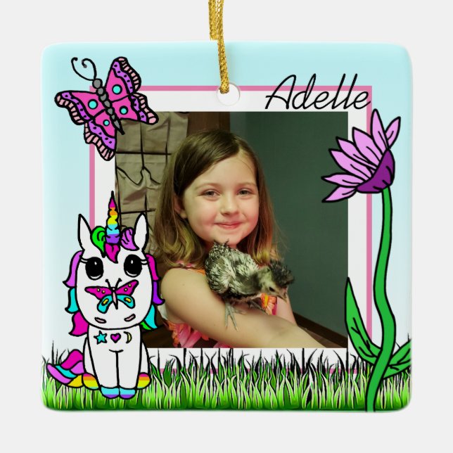 Einhorn, Regenbogen, Name der Blume und Foto Weihn Keramikornament (Vorderseite)