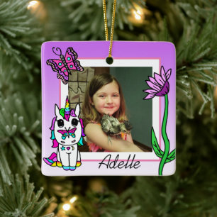 Einhorn, Regenbogen, Name der Blume und Foto Weihn Keramikornament