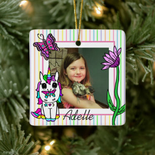 Einhorn, Regenbogen, Name der Blume und Foto Weihn Keramikornament