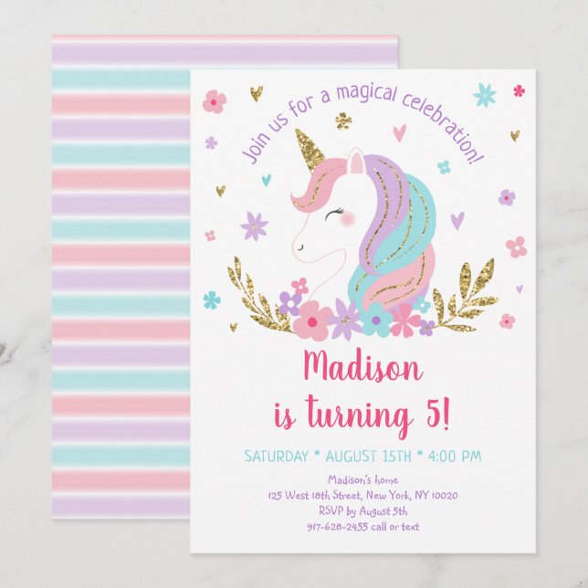 Einhorn Regenbogen Rosa Goldener Blumenreath Gebur Einladung (Vorne/Hinten)
