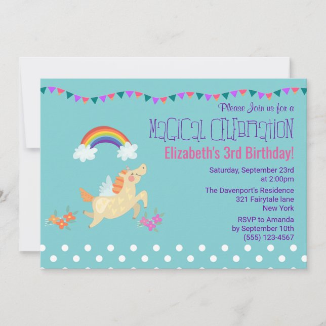 Einhorn-Regenbogen und Wolken-Birthday-Einladung Einladung (Vorderseite)