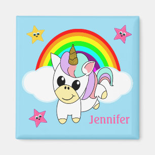 Einhorn Regenbogen und Wolken Personalisiert Baby Magnet