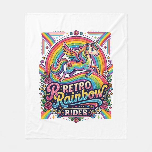 Einhorn Retro Regenbogen Reiter Fleecedecke (Vorderseite)