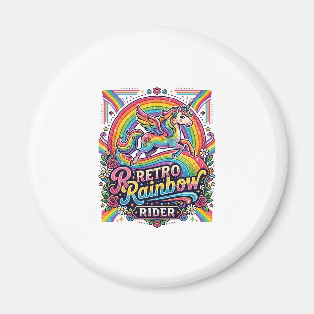 Einhorn Retro Regenbogen Reiter Magnet (Vorne)