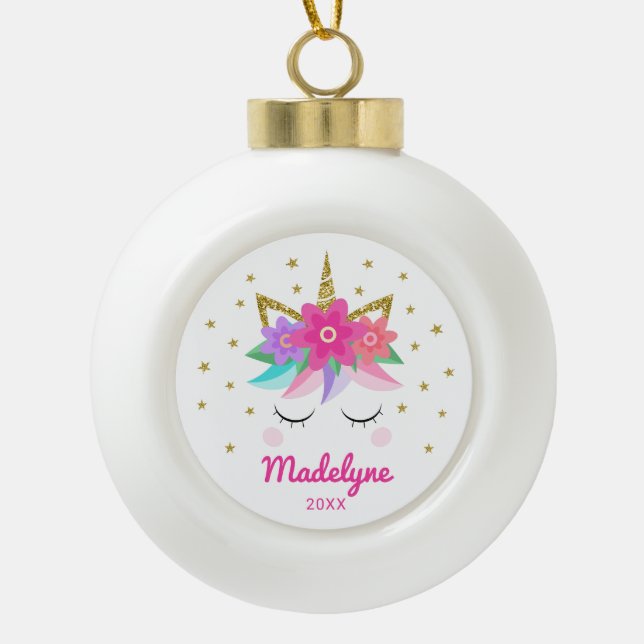 Einhorn Rosa Blume Sterne Personalisierter Name Keramik Kugel-Ornament (Vorderseite)