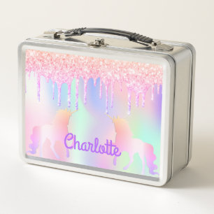 Einhorn rosa Glittertropfen Glanz Monogramm Metall Brotdose