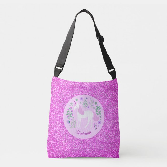 Einhorn Rosa Glitzer Personalisiert Tragetaschen Mit Langen Trägern (Vorderseite)