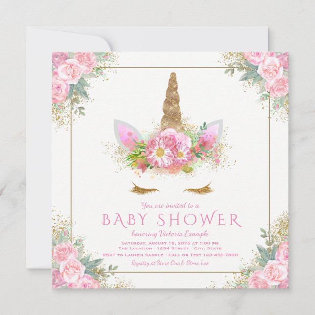 Einhorn Rosa Gold Baby Dusche Einladungen (Vorderseite)