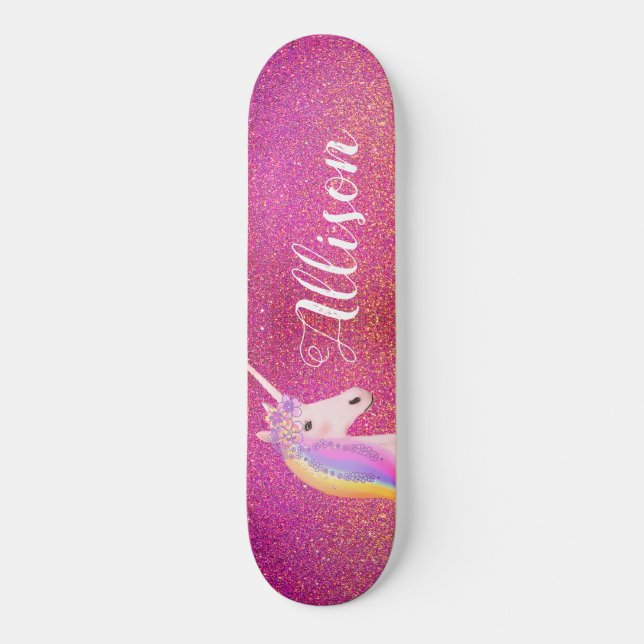 Einhorn Rosa Gold Glitzer Glitzern Personalisiert Skateboard (Vorderseite)