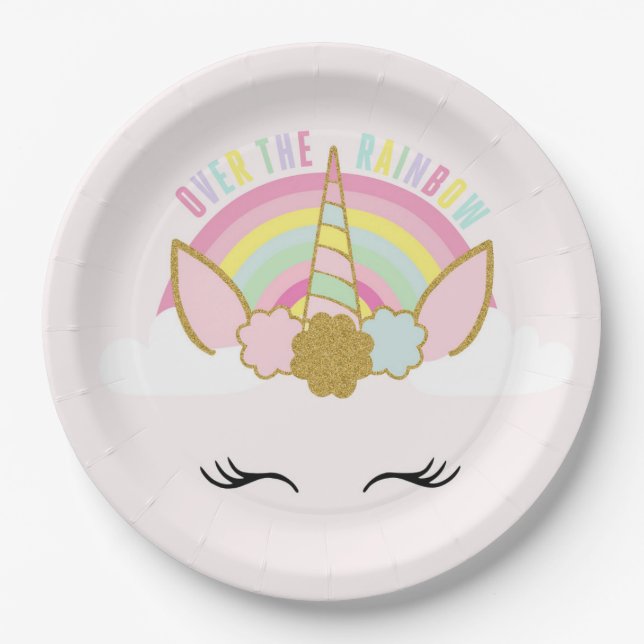Einhorn-Rosa und GoldPappteller 7" Regenbogen Pappteller (Vorderseite)