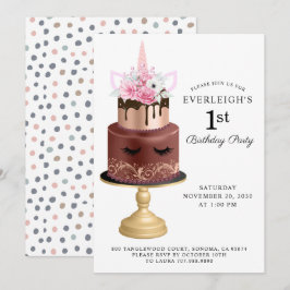 Einhorn Rose Goldschokolade Kuchen 1. Geburtstag Einladung