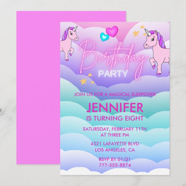 Einhorn-Ruhepause Einladung 8. Geburtstag Rosa (Vorne/Hinten)