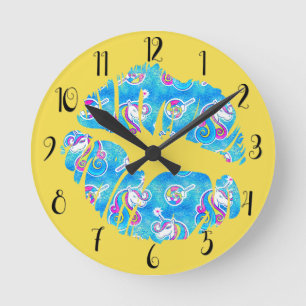 EINHORN Schillernde Aqua Folie Metallic KISS LIPPE Runde Wanduhr