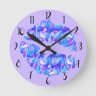 EINHORN Schillernde Lila Folie Metallic KISS LIPPE Runde Wanduhr