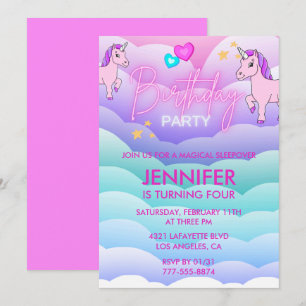 Einhorn-Schlafparty-Einladung 4. Geburtstag Pink Einladung