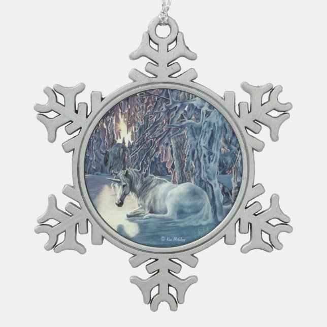 Einhorn-Schneeflocke-Verzierung Schneeflocken Zinn-Ornament (Vorderseite)