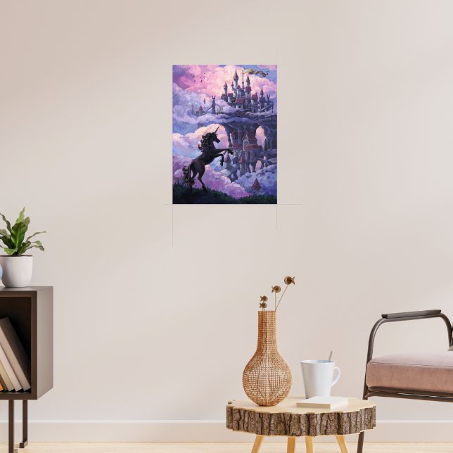 Einhorn Silhouette und Schloss in rosa Wolken Poster (Wohnzimmer 3)