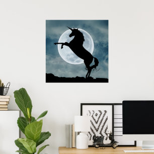 Einhorn-Silhouette Vollmond-Nachthimmel Poster