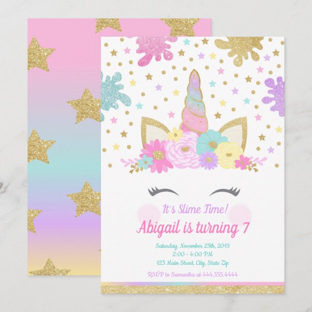 Einhorn Slime Einladung Slime Party Einhorn (Vorne/Hinten)