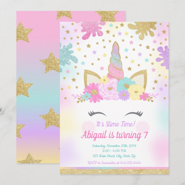 Einhorn Slime Einladung Slime Party Einhorn (Vorne/Hinten)