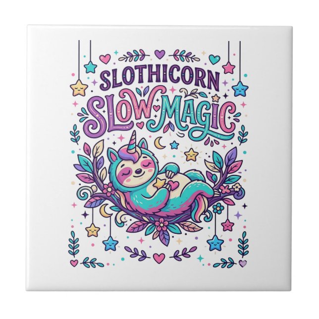 Einhorn Slothicorn Langsame Magie Farbiger Marktpl Fliese (Vorderseite)