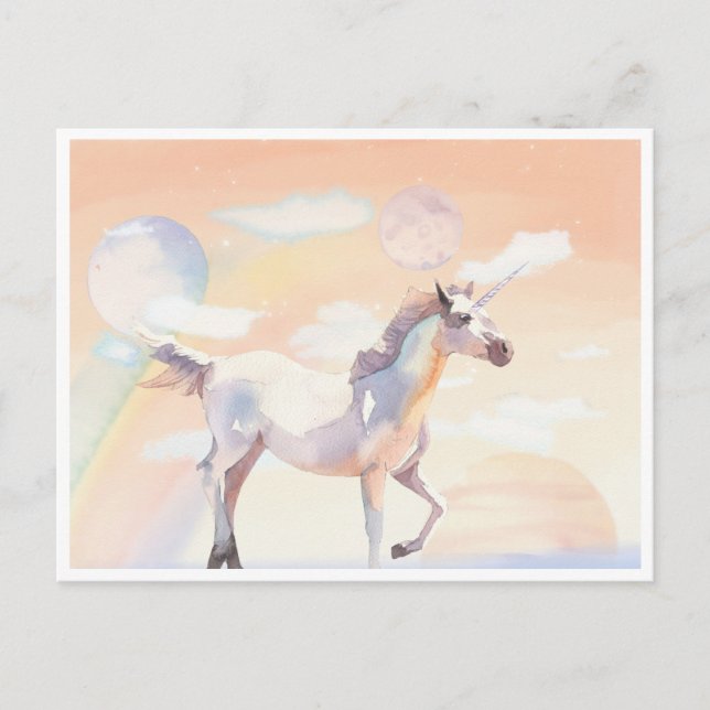 Einhorn Spazieren durch die Wolken und Planeten Po Postkarte (Vorderseite)