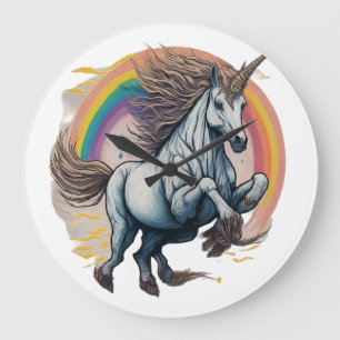 Einhorn springt über einen Regenbogen. Große Wanduhr