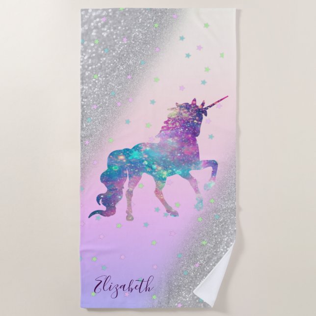 Einhorn, Sterne, Silberner Glitzer Bokeh - Persona Strandtuch (Vorderseite)