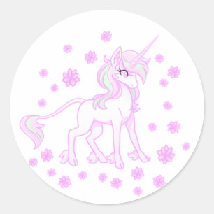 Einhorn-Sticker mit rosa Frühlingsblumen Runder Aufkleber