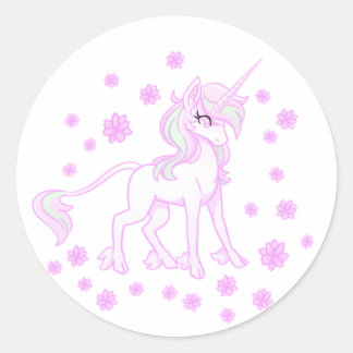 Einhorn-Sticker mit rosa Frühlingsblumen Runder Aufkleber