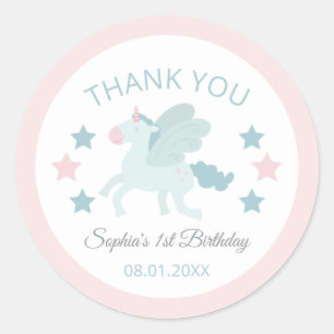 Einhorn Süß Rosa Blau Danke Geburtstag Runder Aufkleber