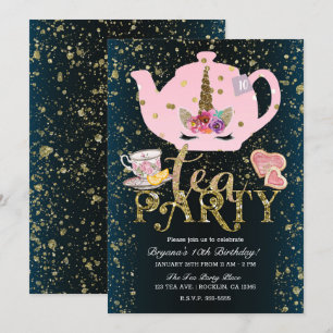 Einhorn-Teeparty Gold Glitter Rosa Mädchen Geburts Einladung