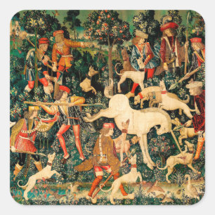 Einhorn-Teppiche Mittelalterlicher Klassiker verte Quadratischer Aufkleber