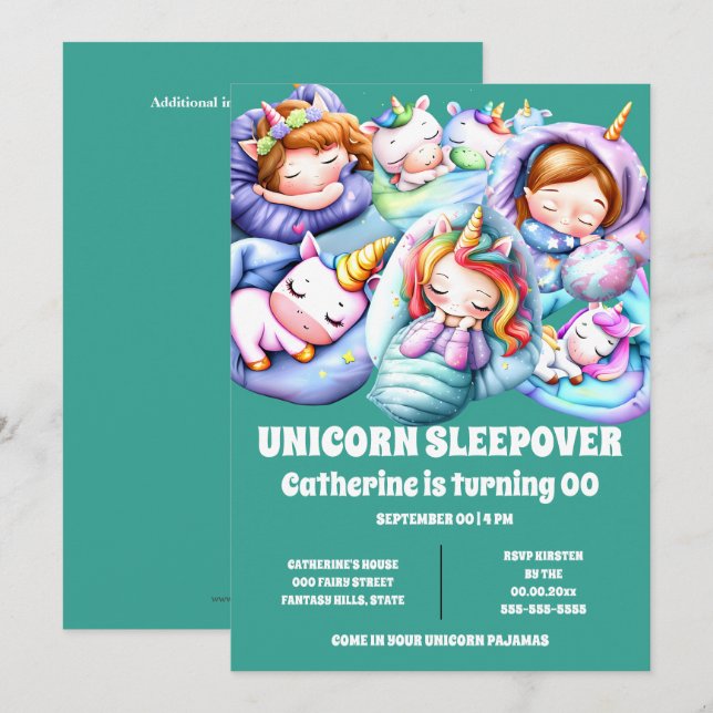 Einhorn-Themenlepover-Schlummerpajama-Kinder Einladung (Vorne/Hinten)