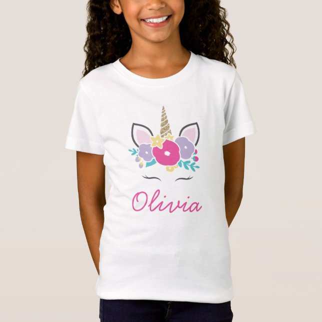 Einhorn und Blume Personalisiertes Shirt Glitzer (Vorderseite)