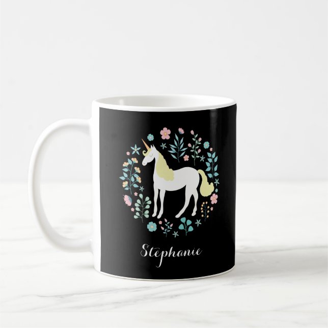Einhorn und Blume Schwarz Personalisiert Kaffeetasse (Links)