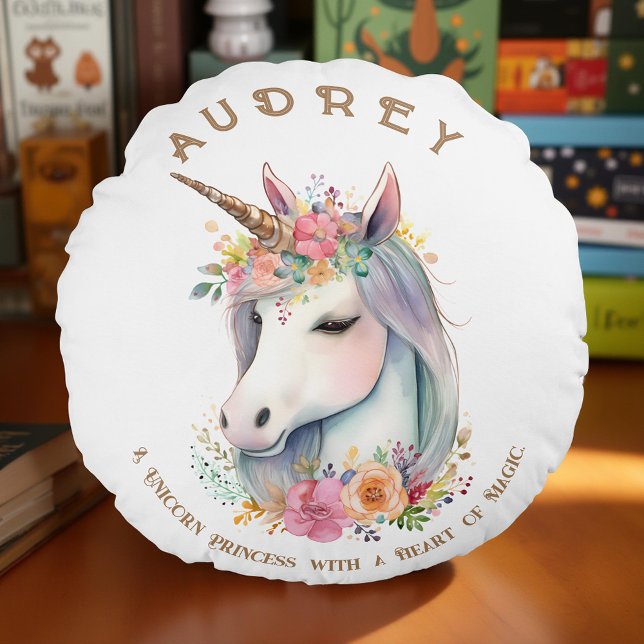 Einhorn und Blumenkranz Rundes Kissen (Personalised Cute Unicorn Round Cushion )