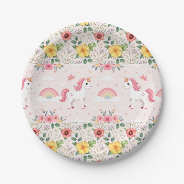 Einhorn und botanische Blume, Regenbogen, Party Pappteller (Vorderseite)