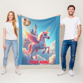 Einhorn und Burg in rosa personalisiert und Foto Fleecedecke