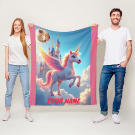 Einhorn und Burg in rosa personalisiert und Foto Fleecedecke