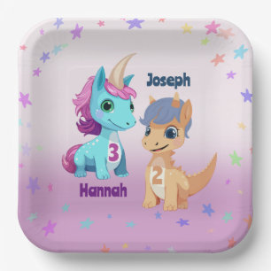 Einhorn und Dino Joint Kids Party Paper Plate Pappteller