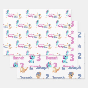 Einhorn und Dinosaurier Joint Kids Party Custom Geschenkpapier Set