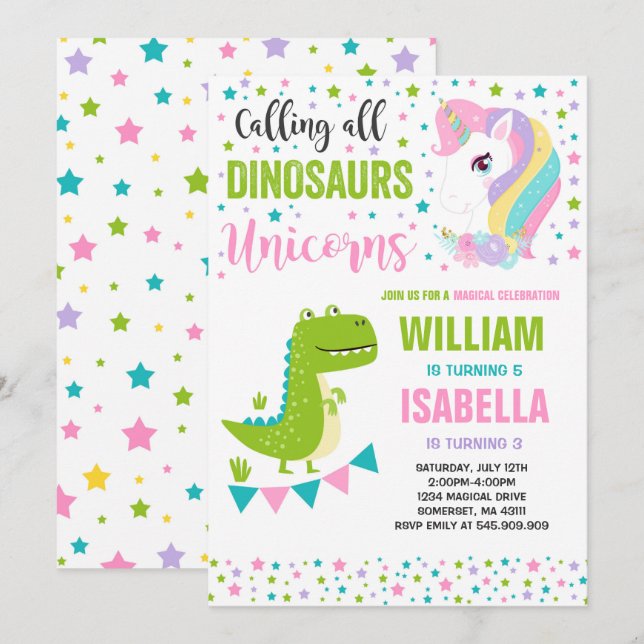 Einhorn und Dinosaurier zum Geburtstag Einladung M (Vorne/Hinten)