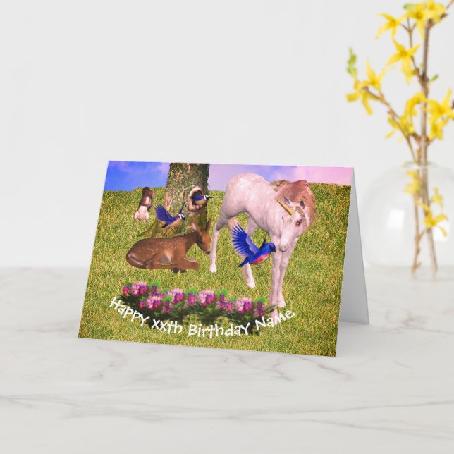Einhorn und Freunde Personalisierter Geburtstag Karte (Gelbe Blume)
