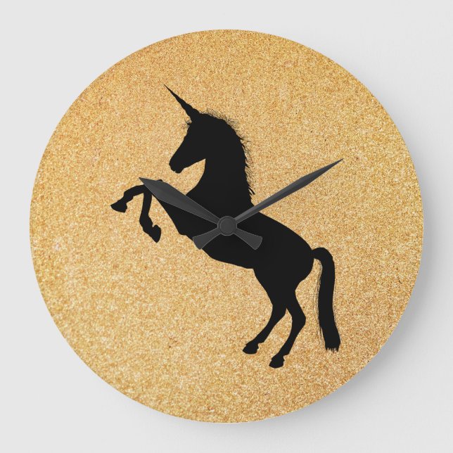 Einhorn und Gold-Glitzer Große Wanduhr (Vorderseite)