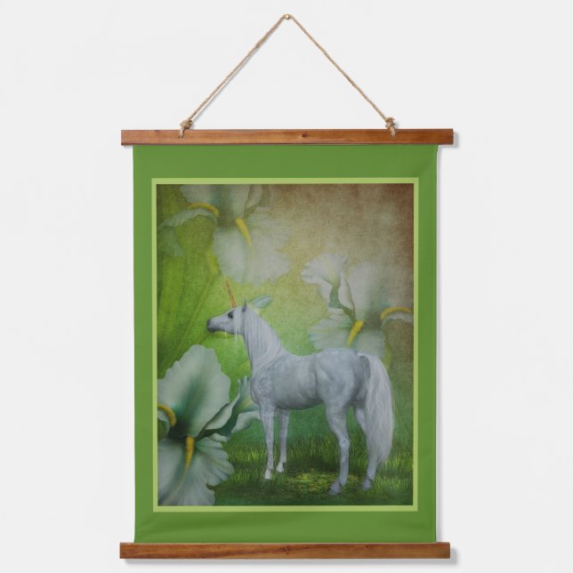 Einhorn und Lilies Fantasy Horst Art Wandteppich Mit Holzrahmen (Vorderseite)