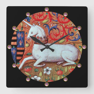 EINHORN UND MITTELALTERLICHE FANTASIEBLUMEN, BLUME QUADRATISCHE WANDUHR