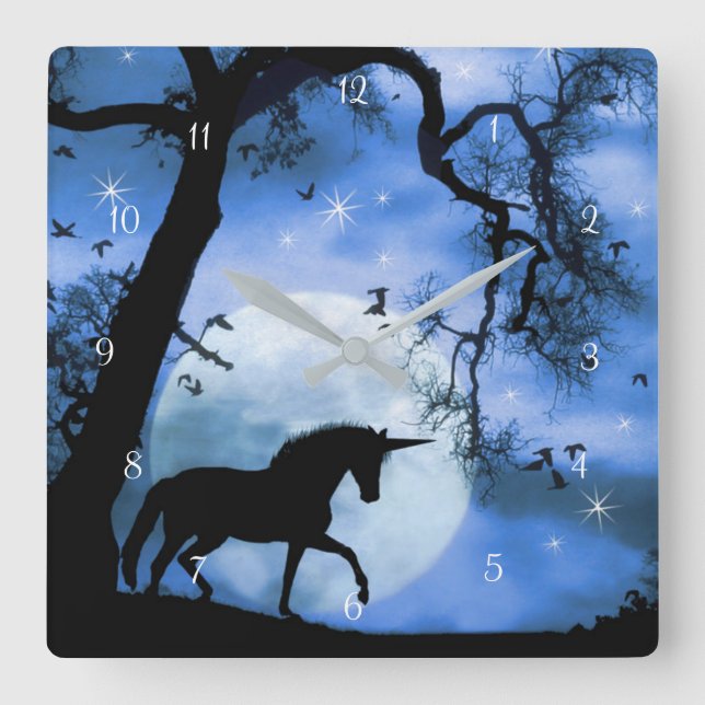 Einhorn und Mond Quadratische Wanduhr (Vorderseite)
