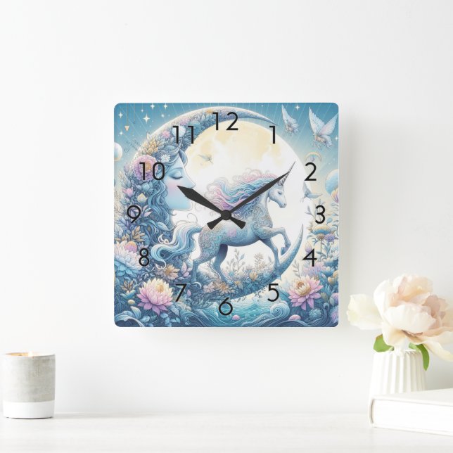Einhorn und Mond Quadratische Wanduhr (Zuhause)